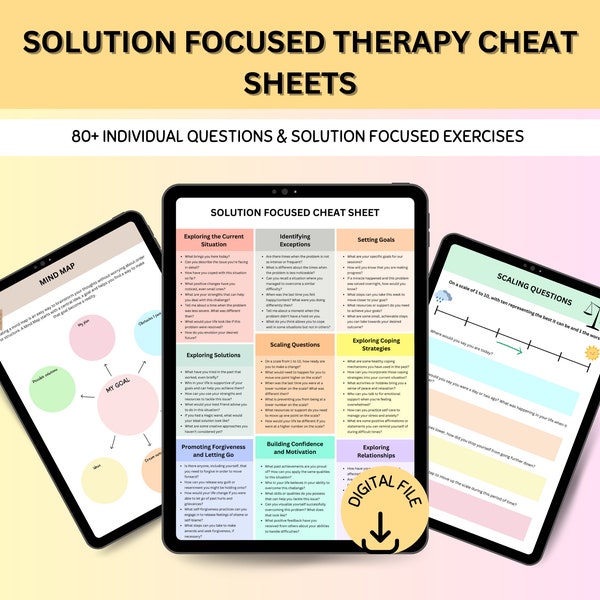 Solution Focused Therapy Worksheets, Solution Focused Cheat Sheet, SFBT Worksheets, Therapy Tools, School Counselor, Therapy Worksheets