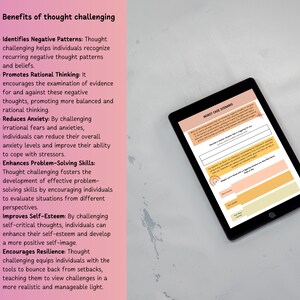 May include: A digital tablet displaying a worksheet titled "Worst Case Scenario" with instructions on how to identify and manage negative thoughts. The worksheet includes a section for describing a situation, a section for rating the severity of the situation, and a section for weighing the potential impact of the situation.
