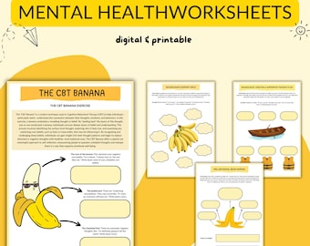 CBT Banana Worksheets: Thought Challenging Exercises, Negative Thought Patterns, CBT Tools, Coping Skills, Core Beliefs, Therapy Tools