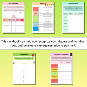 May include: A workbook with colourful pages and illustrations to help recognise triggers and warning signs, and develop a management plan to stay well. The workbook includes sections on mood management, mood scale, coping resources, warning signs, and traffic light - keeping well.