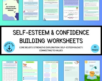 Self Esteem Worksheets, Self Esteem Bundle, Therapy Workbook Journal, Self Help, Therapy Worksheets, CBT Worksheets, Self Confidence, DBT