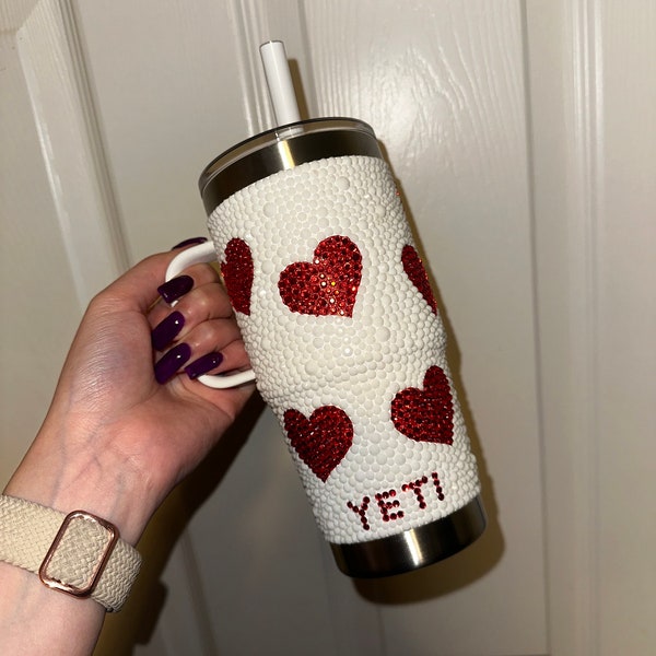 Bedazzled Yeti cup 25 oz tumbler with colored hearts and white rhinestones