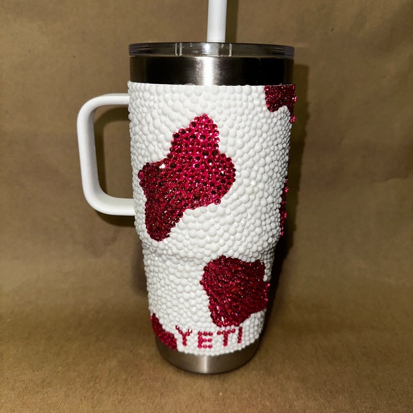 Bedazzled Yeti cup 25 oz tumbler with cow print and white rhinestones