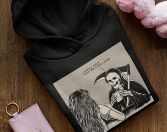 Skeleton Drinking Hoodie, Gothic Skull Hoodie, Unisex Graphic Hoodie, Hot Coffee Skeleton Drinking, Oversized Witchy Hoodie