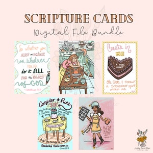 Puede incluir: Un conjunto de 5 tarjetas de Escritura imprimibles digitales con ilustraciones coloridas de escenas de repostería y citas inspiradoras. Las citas incluyen "Así que, ya sea que coman o beban, o hagan cualquier cosa, háganlo todo para la gloria de Dios", "Vengan a mí, todos los que están cansados y cargados, y yo les daré descanso", "Consideren esto como un gozo puro, mis hermanos y hermanas, cada vez que se enfrenten a pruebas de todo tipo", "Crea en mí un corazón puro. Oh Dios, renueva un espíritu firme en mí", y "Pónganse toda la armadura de Dios, para que puedan resistir los planes del diablo."
