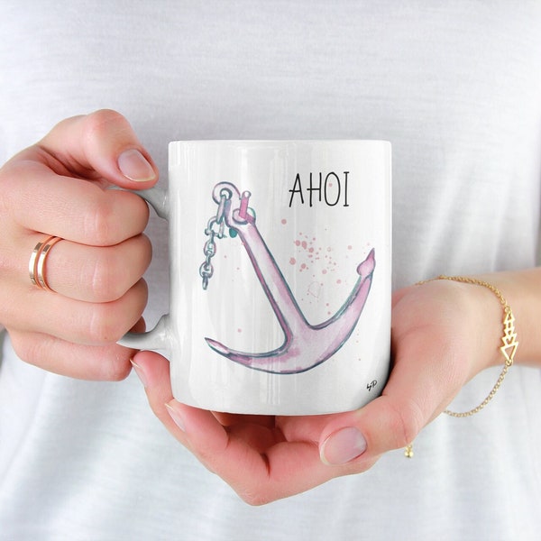 Tasse "Ahoi - Anker pink splash" weiß matt beidseitig bedruckt