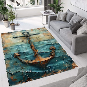 Sea Anchor Rug, Nautical Rug, Anchor Rug, Anchor Printed Rug, Sea Rug, Anchor Design Rug, Sea Decor Rug, Retro Look Rug, Anchor Pattern Rug