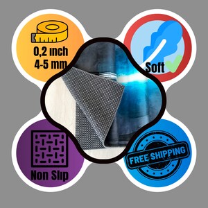 May include: A close-up of a blue and gray rug with a non-slip backing. The rug is 0.2 inches thick and is soft to the touch. Free shipping is available.