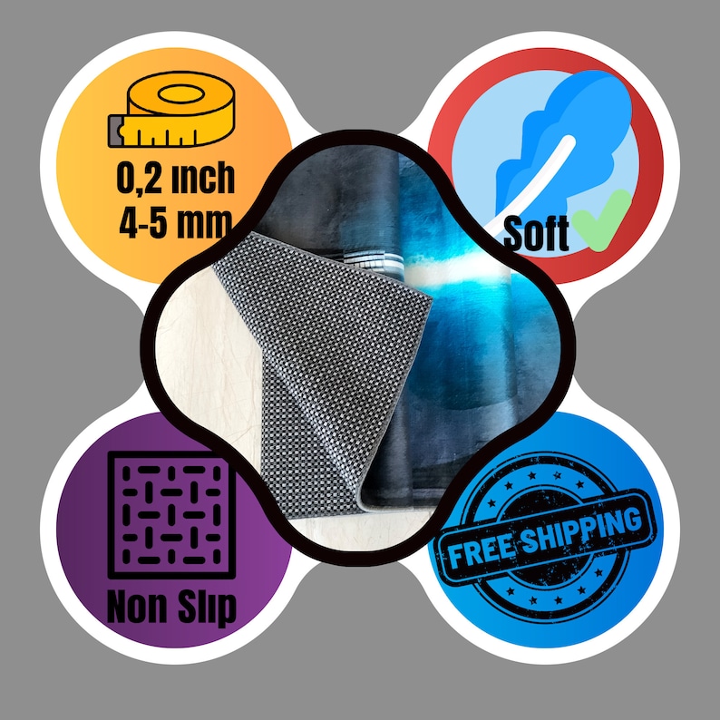 May include: A close-up of a blue and gray rug with a non-slip backing. The rug is 0.2 inches thick and is soft to the touch. Free shipping is available.