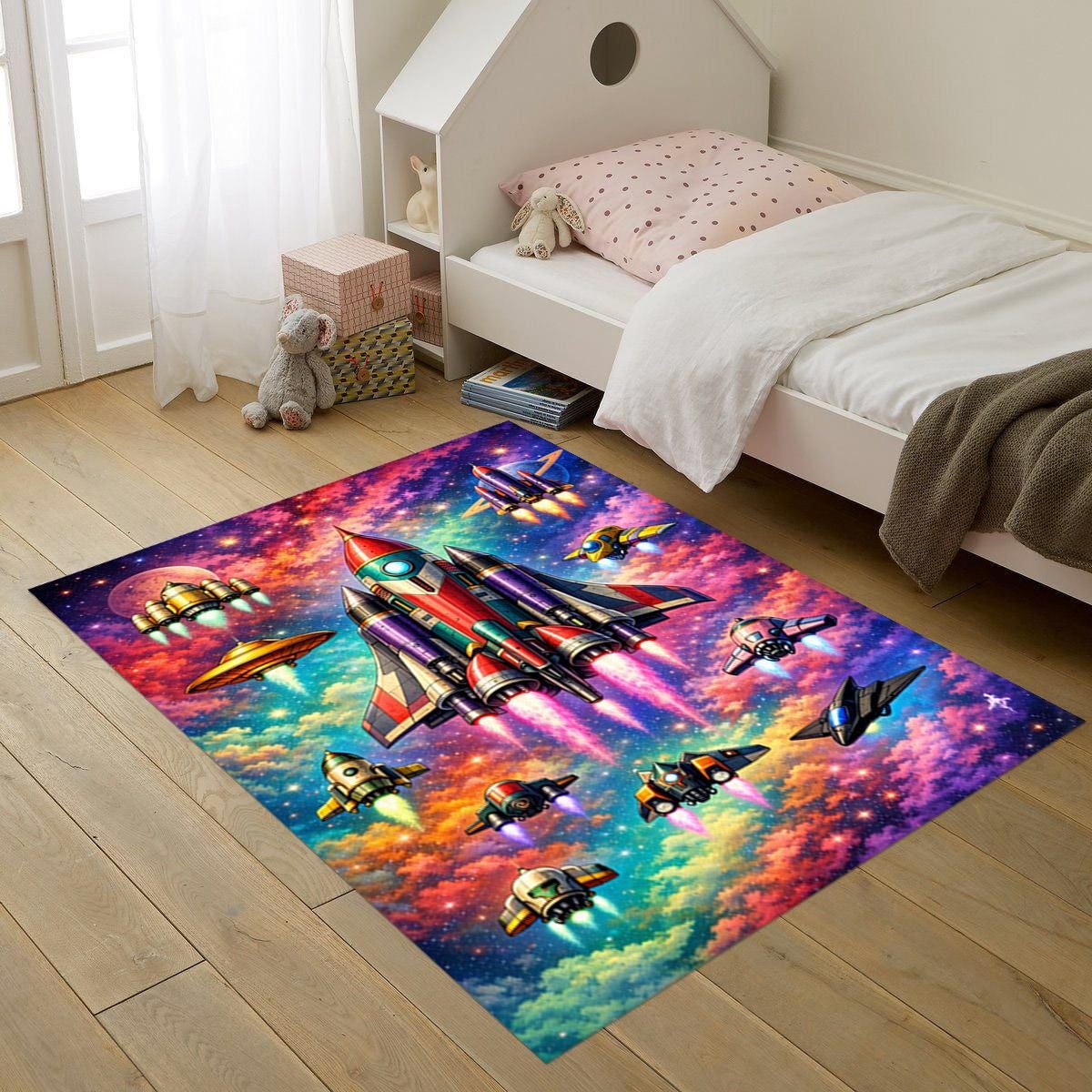 Rocket Circular Rug Colorful Space Rocket Rug: Galaxy Spaceship Kids Room, Sci-fi Outer ...