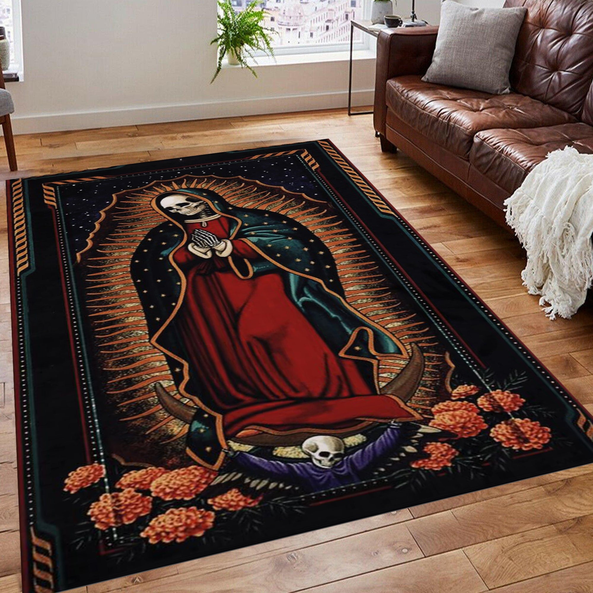 Santa Muerte Rug: Sugar Skull Roses, Tattoo Art Home Decor - Etsy