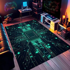Tapis numérique néon, Tapis à thème électronique, Tapis à motif carte mère, Tapis pour circuits électroniques, Tapis pour salle de jeux, Tapis abstrait, Tapis pour circuits imprimés