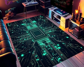 May include: A black and green area rug with a circuit board design. The rug features glowing green lines and dots, resembling a computer chip.