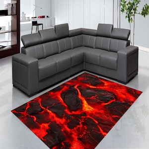 3D Lava Area Rug: Black and Red Volcano Floor Carpet