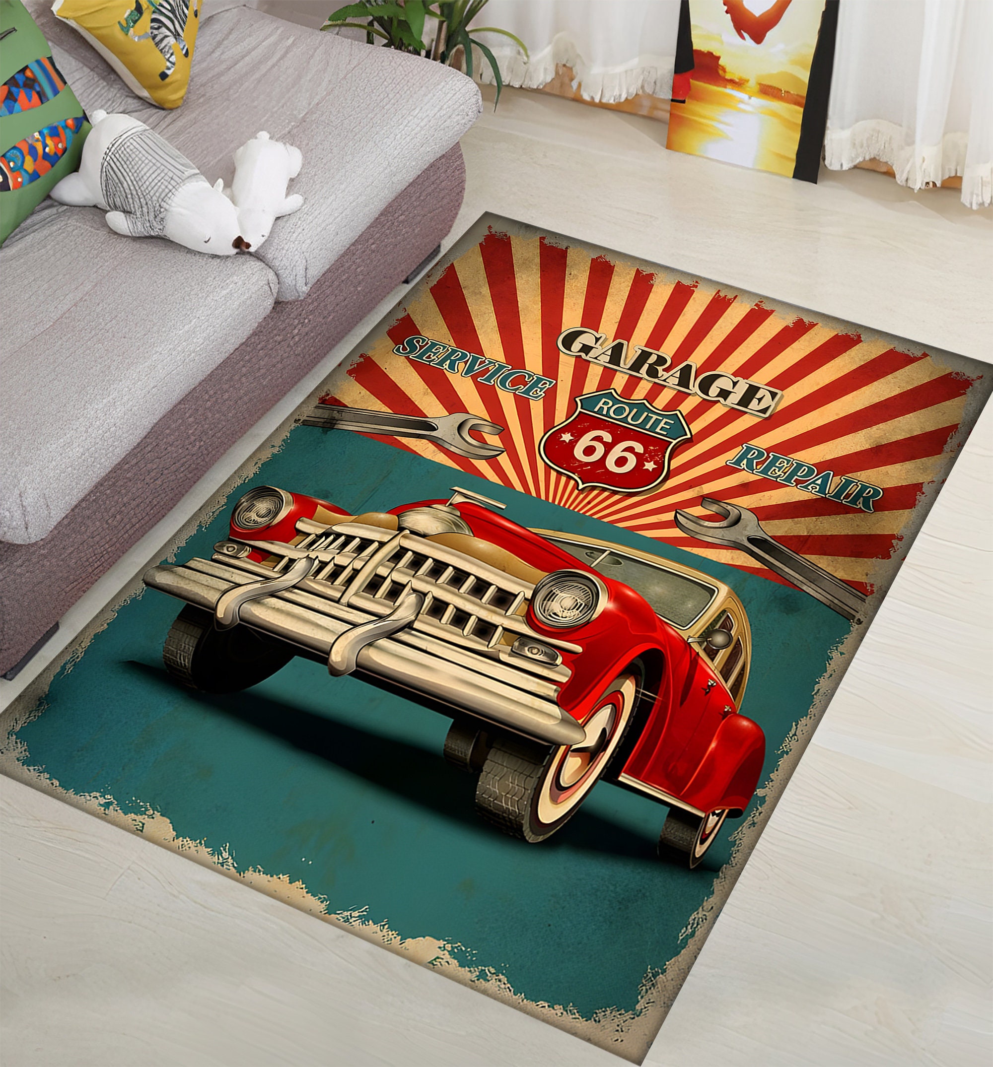 Vintage tapis 3D impression classique moto Garage rond tapis de sol rétro  voiture salon tapis luxe décor à la maison antidérapant chaise tapis