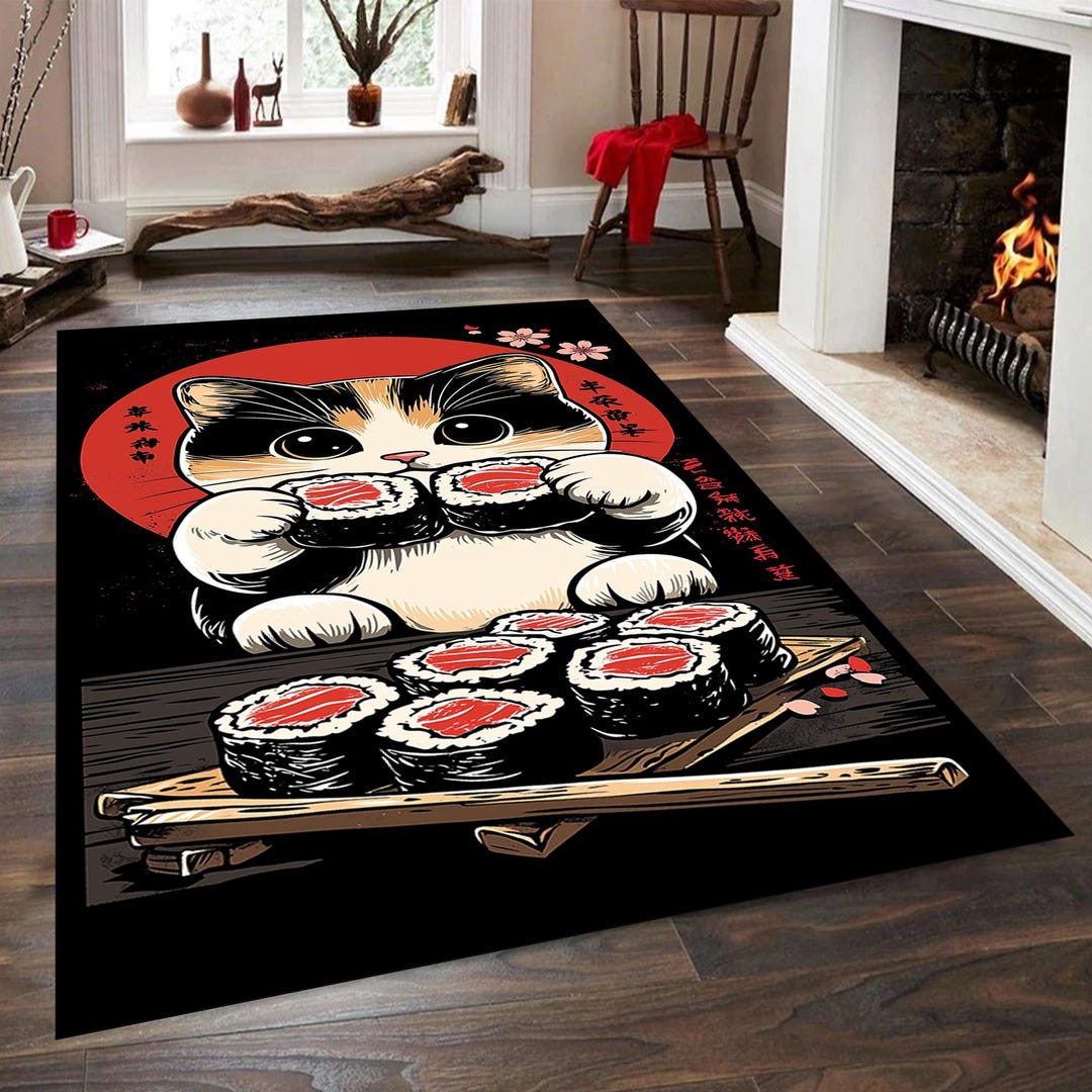 新品 tenbox original rug 10匣 ラグマット＋おまけ Sushi Cat Area Rug: Japanese Decor Carpet - Etsy