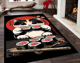 新品 tenbox original rug 10匣 ラグマット＋おまけ Sushi Cat Area Rug: Japanese Decor Carpet - Etsy