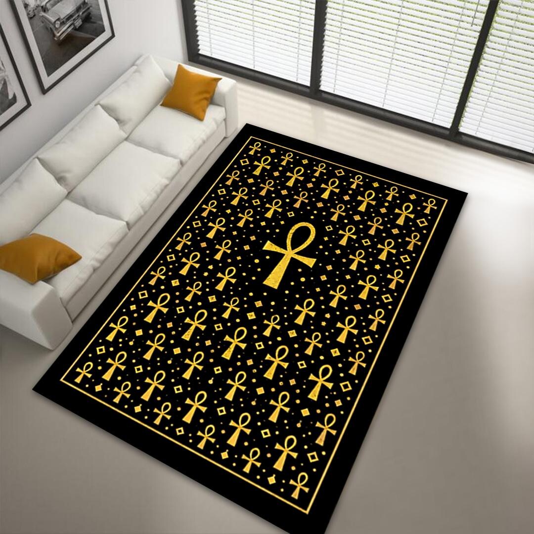 Golden Ankh Symbol Rug: With Ancient Egyptian Pattern, Black and Gold ...