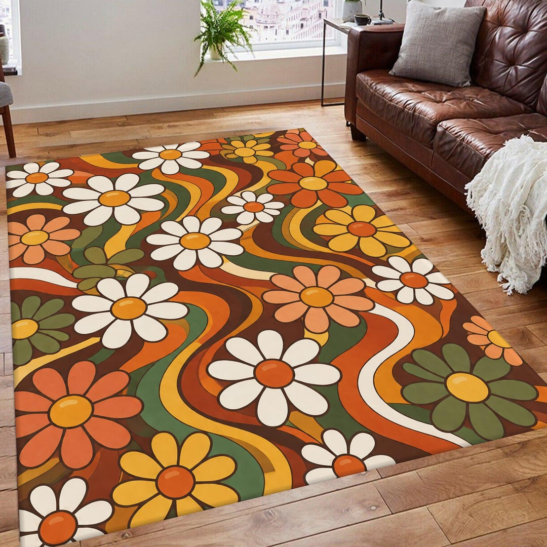Retro Floral Rug: 70s Vintage Flower Pattern Rug, Colorful Boho Hippie ...