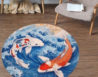 Japanese Koi Fish Rug, Couple Koi Fish Rug, Koi Fish Area Rug, Animal Rug, Japanese Rug, Wave Rug, Fish Patterned Rug
