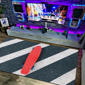Alfombra de tabla de skate, alfombra de skate, alfombra blanca negra, alfombra 3d, alfombra de estilo libre, alfombra de estado de ánimo callejero, alfombra moderna, alfombra de área, regalo para él ella, alfombra de piso