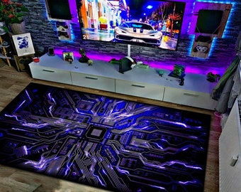 Neon Processor Rug: Blue & Black Gamer Room Decor