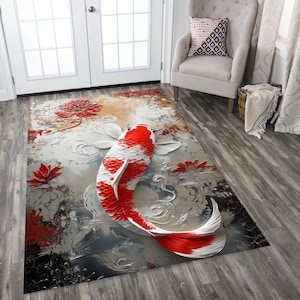 Koi Fish Rug, Koi Fish Area Rug, Japanese Design Rug, Japanese Fish Rug, Koi Fish Pattern Rug, Japanese Room Decor, Floral Koi Fishes Rug