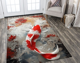 Floral Koi Fish Area Rug, Japanese Room Decor