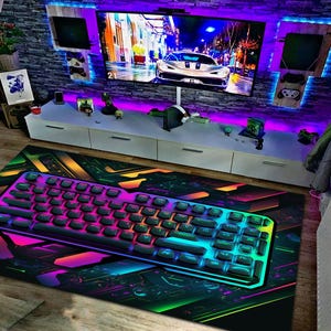 Neon Keyboard Gamer Rug: E-Sport Room Decor, Non-Slip Area Rug