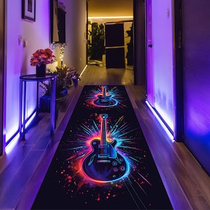 Guitar Runner, Guitar Runner Rug, Neon Guitar Rug, Runner Rug, Music Runner Rug, Guitar, Guitar Themed Rug, Music Gifts, Hallway Runner Rug