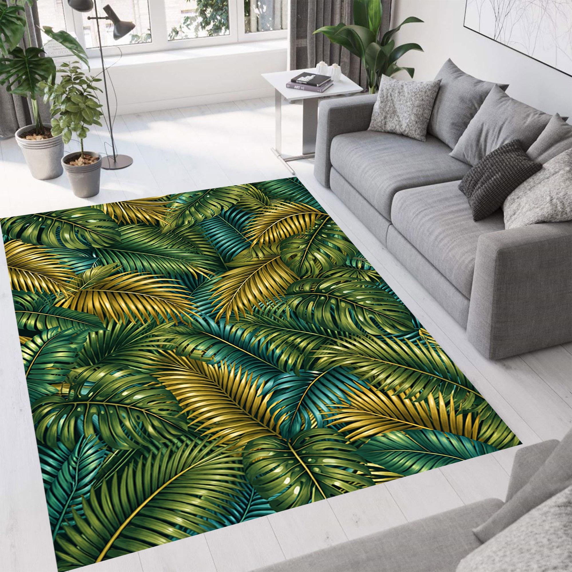 Green Tropical Leaves Rug: Jungle Leaf Area, Botanical, Modern Nature ...