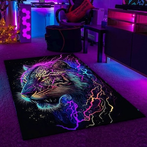 Neon Lion Rug: Colorful Animal Print Living Room Decor