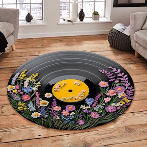 Record Round Rug, Record Rug, Music Room Rug, Record Area Rug, Flowery Record Rug, Record Themed Rug, Record Rug, Floral Record Rug