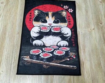 Sushi Cat Area Rug: Japanese Decor Carpet - Etsy