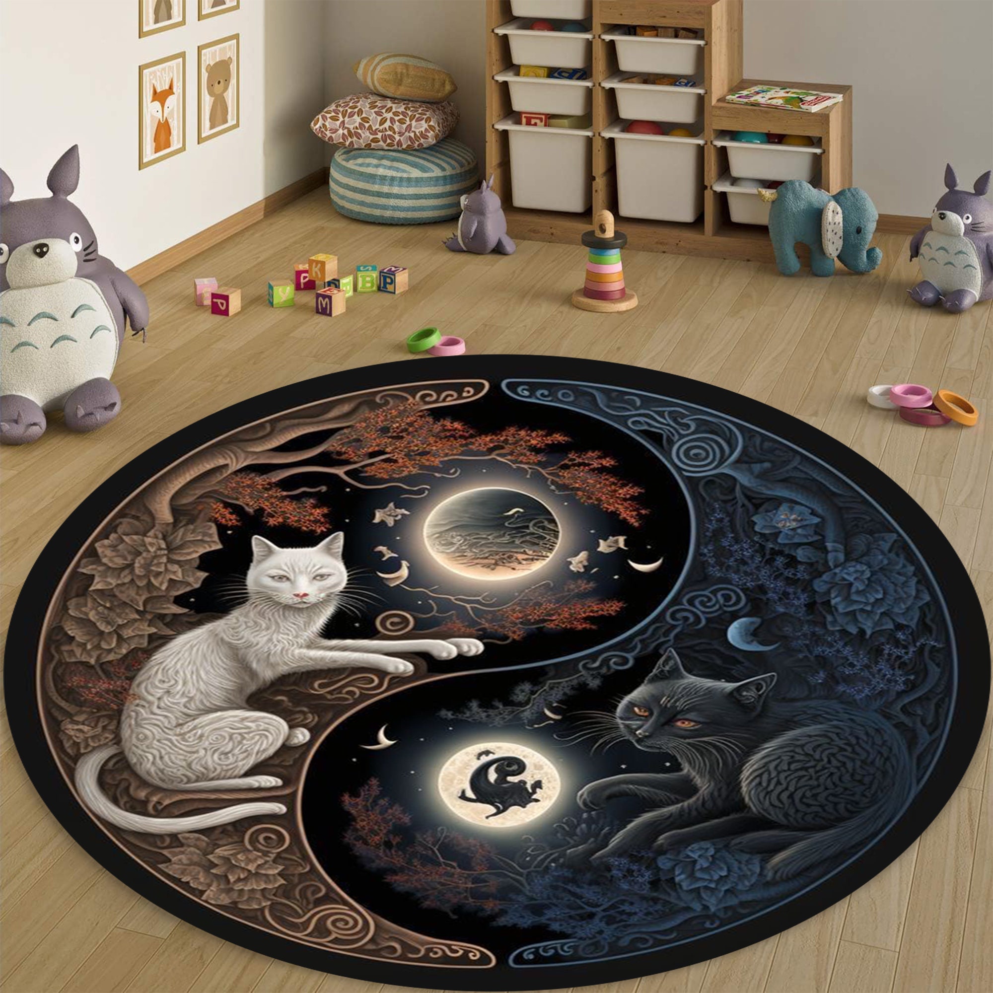 Yin Yang Cat Rug: Round Black and White Area Carpet - Etsy