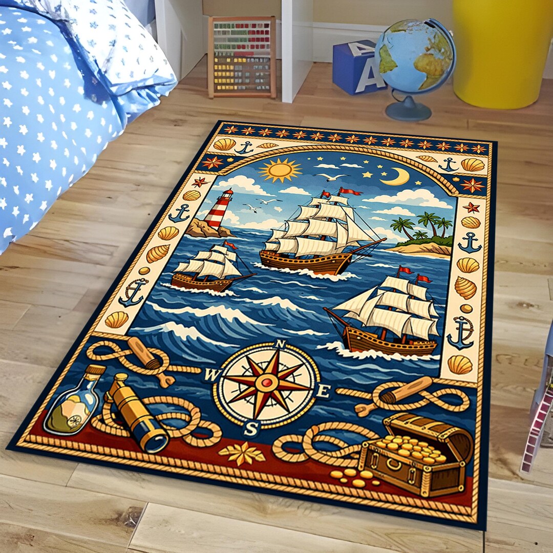 Nautical Pirate Rug: Ocean Adventure Compass and Lighthouse - Etsy