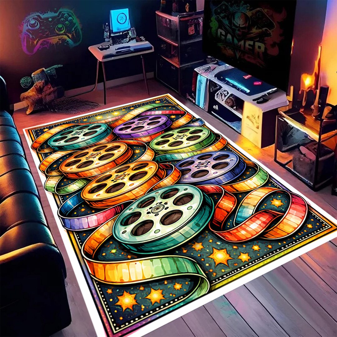 First Popcorn Machine Rug Cinema Movie Time Rug: Popcorn, Film Reel, Vintage Theater Theme ...