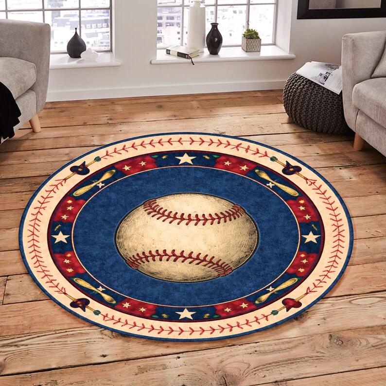 Baseball Rug Drawing Baseball Ball Round Rug: Sports Them, Baseball Lover Gift, Athletic ...