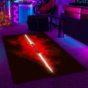 Neon Sword Gamer Rug: Red & Black Blade Design