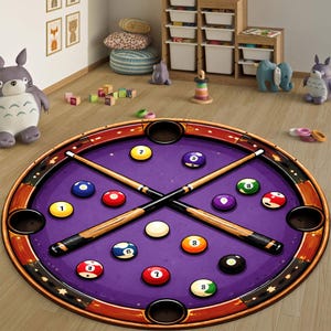 May include: A round purple pool table rug with a brown border and two crossed pool cues. The rug features numbered billiard balls in various colors, creating a playful and decorative accent for a game room or child's bedroom.