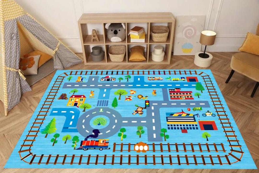 City Child Map Rug Kids City Road Map Rug: Train Track,educational Play - Etsy