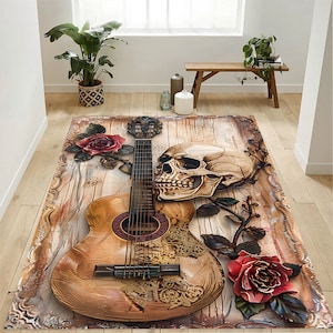 Skull & Guitar Rug: Modern Horror Decor, Non-Slip Area Rug