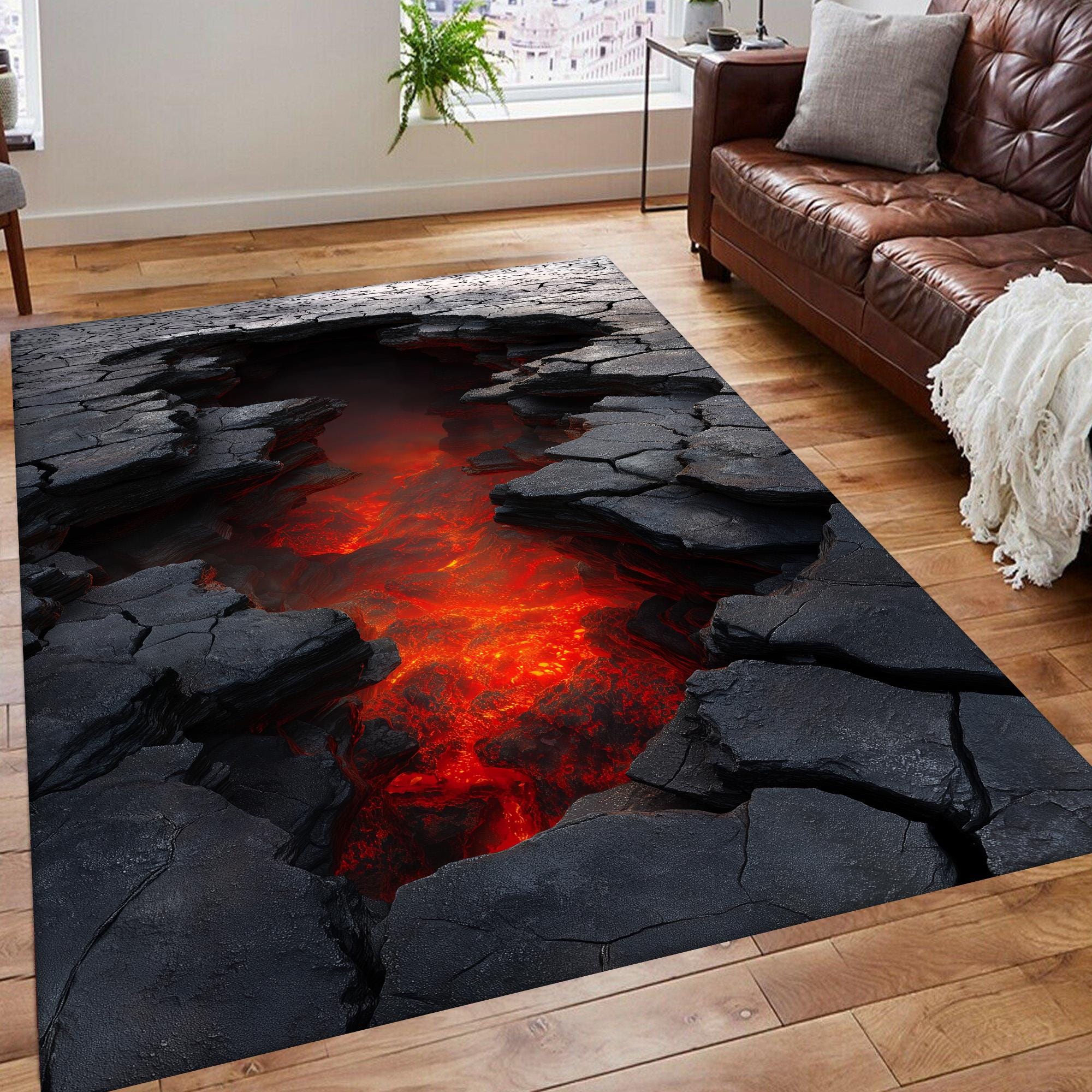 Lava Crack Illusion Rug, Volcanic Floor Art, Modern Gamer Room
