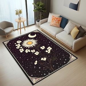 Blumen und Mond Teppich, Tarot-Karte Teppich, Minimalistischer Teppich, Halbmond Teppich, Sternennacht Teppich, Mond-Dekor, Moderner Teppich