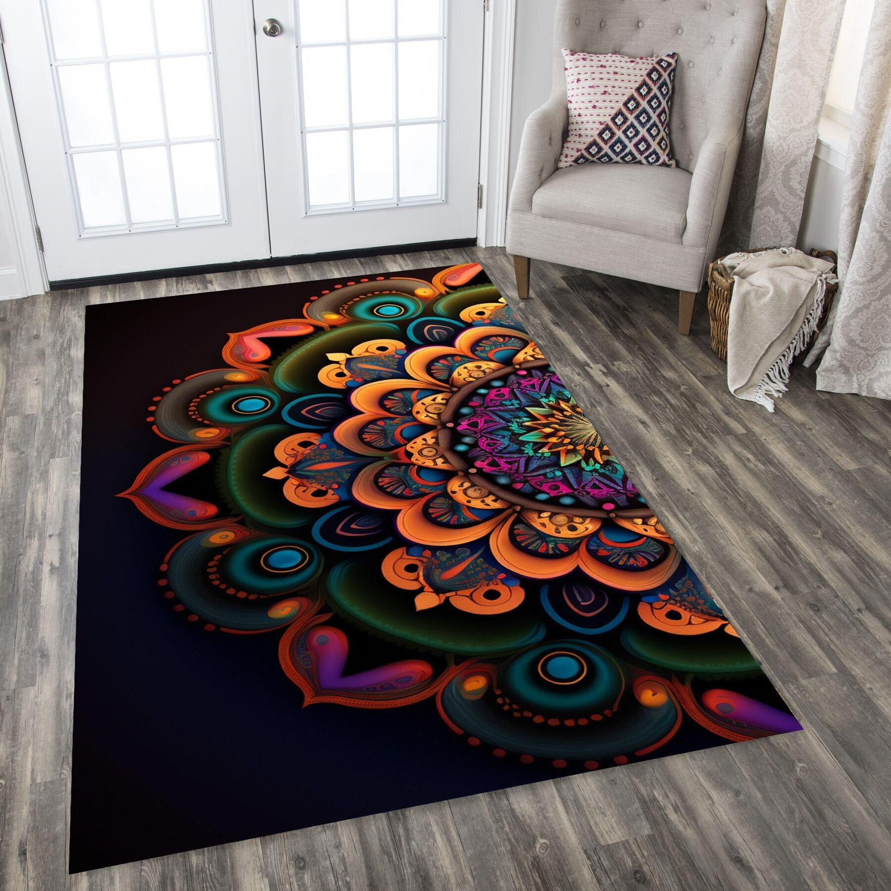 Colorful Flower Mandala Area Rug, Washable Velvet Top - Etsy