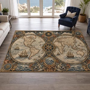 Könnte beinhalten: Ein rechteckiger Teppich mit einer detaillierten Weltkartendarstellung im Vintage-Stil. Der Teppich zeigt zwei kreisförmige Hemisphären, antike Segelschiffe, eine zentrale Windrose und verzierte dekorative Ränder in Blau-, Gold- und Beigetönen.