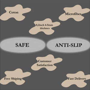May include: A gray background with text and beige cloud-shaped elements. The text includes "SAFE", "ANTI-SLIP", "Coton", "Microfiber", "0,2inch 4-5mm thicknes", "Customer Satisfaction", "Free Shiping", and "Fast Delivery".