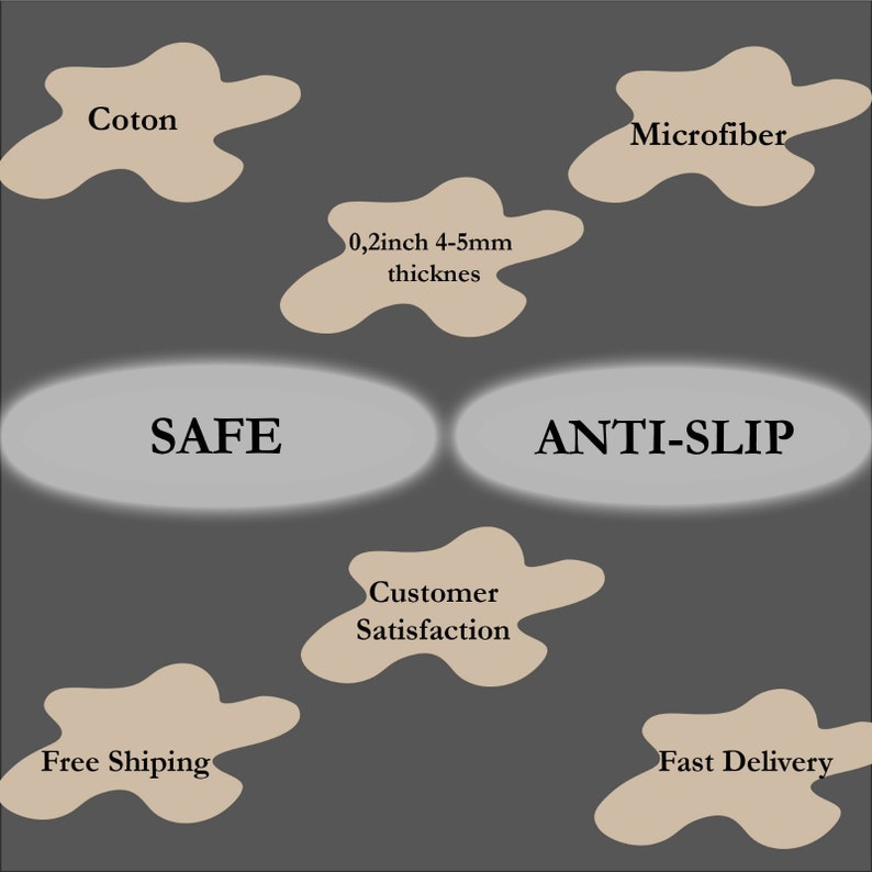 May include: A gray background with text and beige cloud-shaped elements. The text includes "SAFE", "ANTI-SLIP", "Coton", "Microfiber", "0,2inch 4-5mm thicknes", "Customer Satisfaction", "Free Shiping", and "Fast Delivery".
