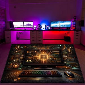 Puede incluir: Una configuración de escritorio de computadora con una alfombrilla de ratón con temática de placa de circuito. La alfombrilla tiene un monitor de computadora, teclado y ratón. El escritorio tiene dos monitores, una torre de computadora e iluminación LED.