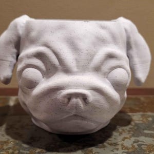 Puede incluir: Maceta de cerámica blanca con forma de cabeza de carlino. La maceta tiene un acabado moteado y una pequeña abertura en la parte superior para plantar.
